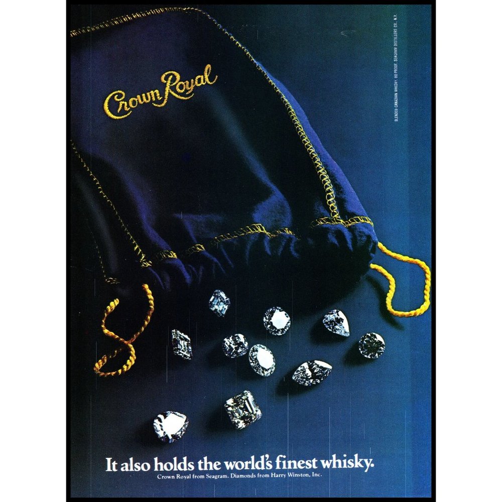 1981 Crown Royal Canadian Whiskey Vintage Print Ad Purple Bag Diamonds Whisky